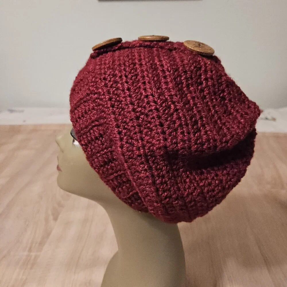 Hand-Made - Knitted Winter Beanie Three Button Knit Hat - One-Size - Red Warm!